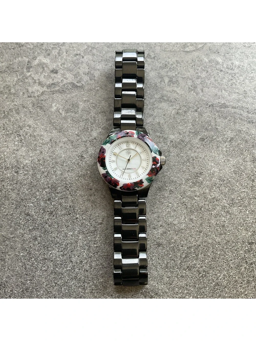 Isaac Mizrahi Womens Watch 35mm Gunmetal Ceramic Case & Band Floral Bezel B-Y